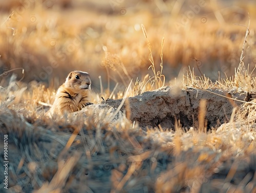 Prairie Dog Peeking Out from Dry Grass Burrow in Arid Landscape photo