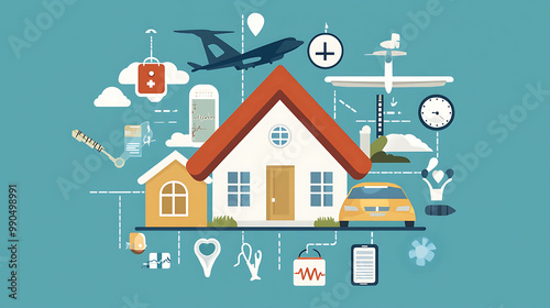 A house at the center of an illustration with a variety of icons that represent different aspects of a healthy lifestyle.