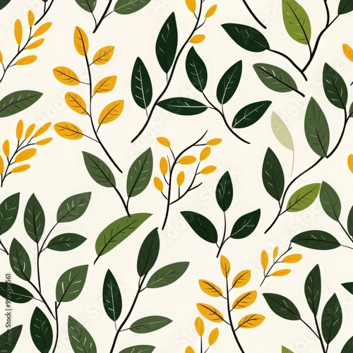 A vibrant Seamless pattern of green and yellow leaves on a light background, perfect for nature-themed designs and botanical illustrations.