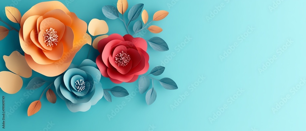 Colorful paper flowers on a blue background Colorful paper flowers on a blue background