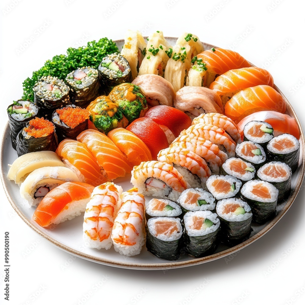 A vibrant platter showcasing a variety of sushi, perfect for culinary enthusiasts and food lovers. A vibrant platter showcasing a variety of sushi, perfect for culinary enthusiasts and food lovers.