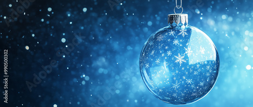 Glass Christmas ornament with white snowflake pattern hanging on a blue background with soft glowing lights. Winter holiday decoration and festive season concept. Design for greeting card, invitation