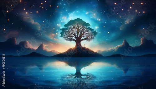 tree of life reflected in ocean under night sky, Chiaroscuro, epic wide angle, dystopian, matte Neo-romantic, metaphysical 
concept art photo