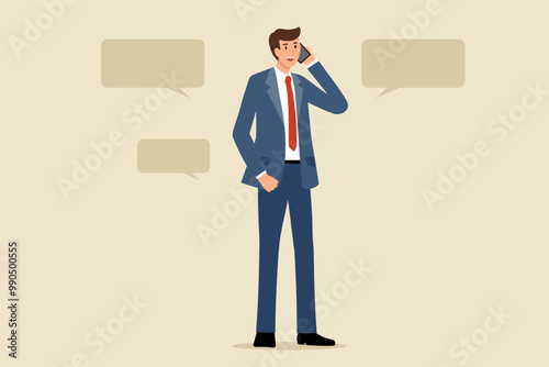 立ってスマートフォンで通話するスーツ姿の男性のフラットなベクターイラスト画像