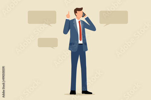 立ってスマートフォンで通話するスーツ姿の男性のフラットなベクターイラスト画像