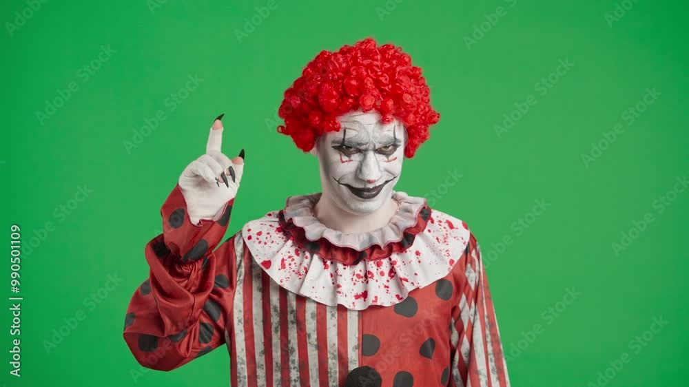 Scary halloween man clown with spooky makeup and wig dressed in costume smiles at camera pointing finger up, isolated on chroma key green screen background. Scary halloween man clown with spooky makeup and wig dressed in costume smiles at camera pointing finger up, isolated on chroma key green screen background.