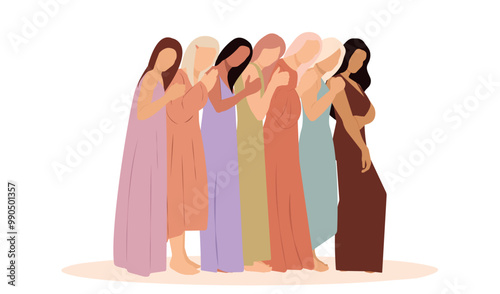 Several women different nationalities, cultures, skin, hair color stand together. Beautiful, brave girls support each other feminist movement. The concept of sisterhood and female friendship. Vector.