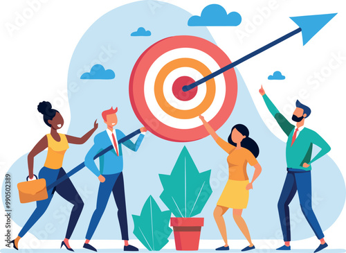 Team Achievement and Goal Setting. illustration of a diverse team of employees working together to push a large target or goal upward. The design symbolizes collective effort, goal achievement