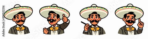 Four vector images of mexican mariachi in sombrero hat