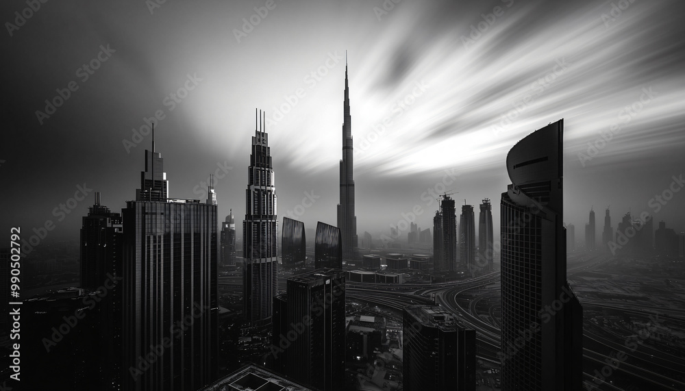 Obraz premium A black-and-white photo of a famous city skyline or iconic landmark, evoking a timeless, classic look