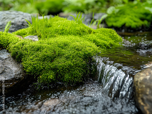 Moss growing on the rocks of a small stream.