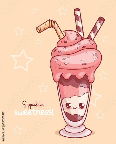 Cute glass of milk shake with cream dessert, striped candies with straw. Funny cartoon kawaii character drink. Vector illustration