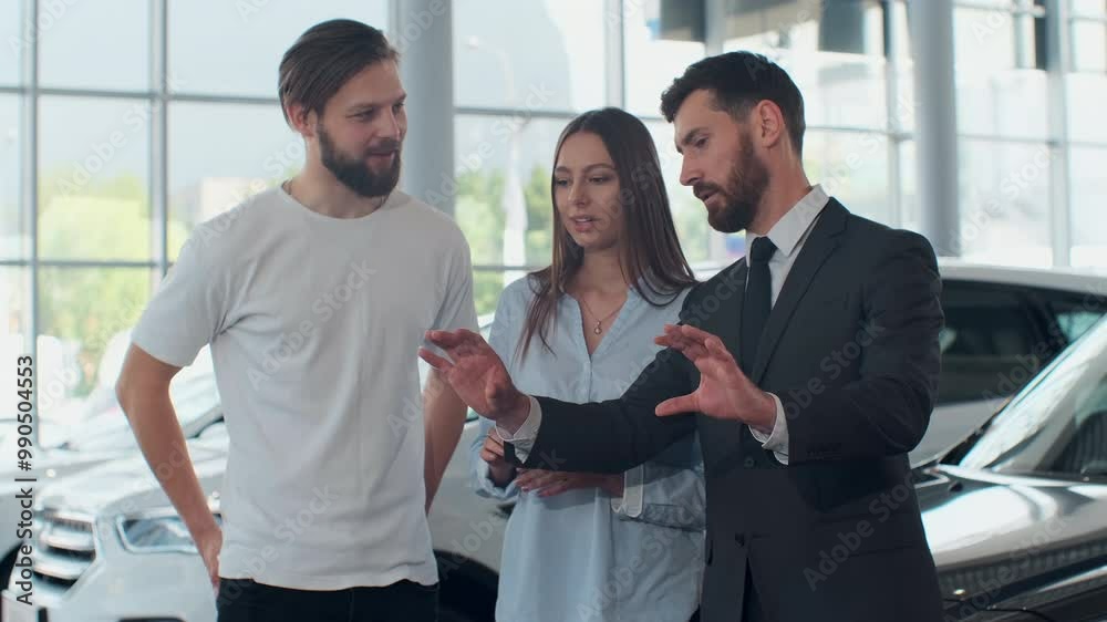 Professional car salesman is telling interested buyers beautiful couple about luxurious car in motor show while man and woman are looking at auto and listening to dealer. Professional car salesman is telling interested buyers beautiful couple about luxurious car in motor show while man and woman are looking at auto and listening to dealer.