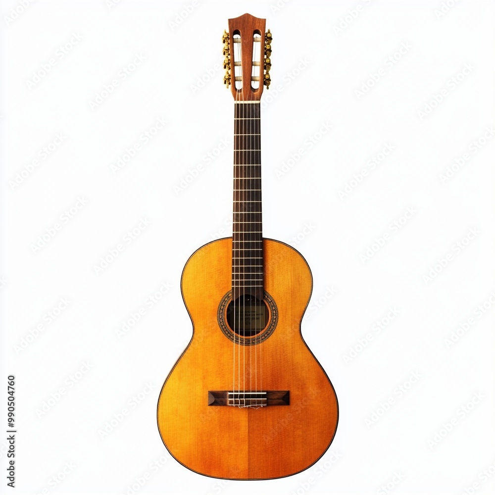 Fototapeta premium Classical acoustic guitar standing up on white background