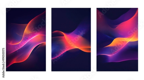 Set of three abstract backgrounds with smooth waves of orange, yellow, and purple on a dark background.