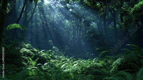 Sunlight streams through tall trees in a dense forest, illuminating the rich greenery and creating a serene atmosphere filled with ferns and tranquility