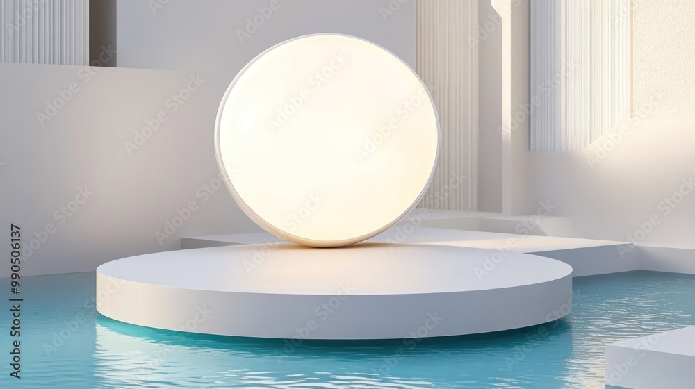 An illuminated orb hovers over a round platform, surrounded by tranquil water and contemporary white structures. The scene captures a peaceful, minimalistic aesthetic in daylight