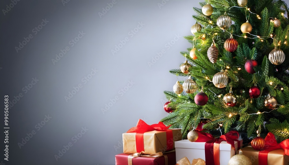 Christmas tree decorated with ornaments and presents Christmas tree decorated with ornaments and presents