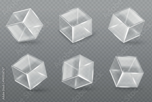 Realistic glass cubes. Glassy plastic transparent boxes, clear crystal acrylic cube geometric square shape empty showcase podium glossy display pedestal, exact vector illustration