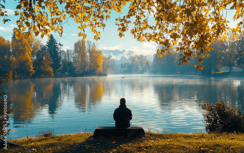 Tranquil autumn scene by the serene lake Tranquil autumn scene by the serene lake