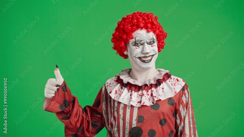 Scary halloween man clown with spooky makeup and wig dressed in costume pointing finger at side shows thumb up, isolated on chroma key green screen background. Scary halloween man clown with spooky makeup and wig dressed in costume pointing finger at side shows thumb up, isolated on chroma key green screen background.