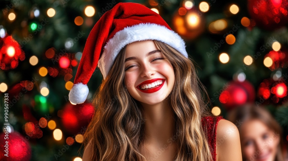 A young woman wearing a Christmas hat smiles joyfully, surrounded by twinkling lights and bright ornaments, embodying the warmth and excitement of the holiday season A young woman wearing a Christmas hat smiles joyfully, surrounded by twinkling lights and bright ornaments, embodying the warmth and excitement of the holiday season