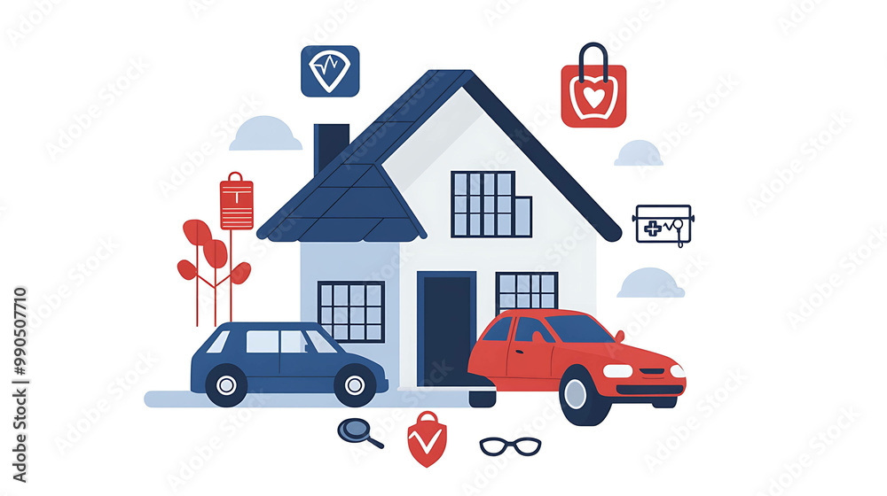 Obraz premium A house with two cars in front and icons representing insurance.