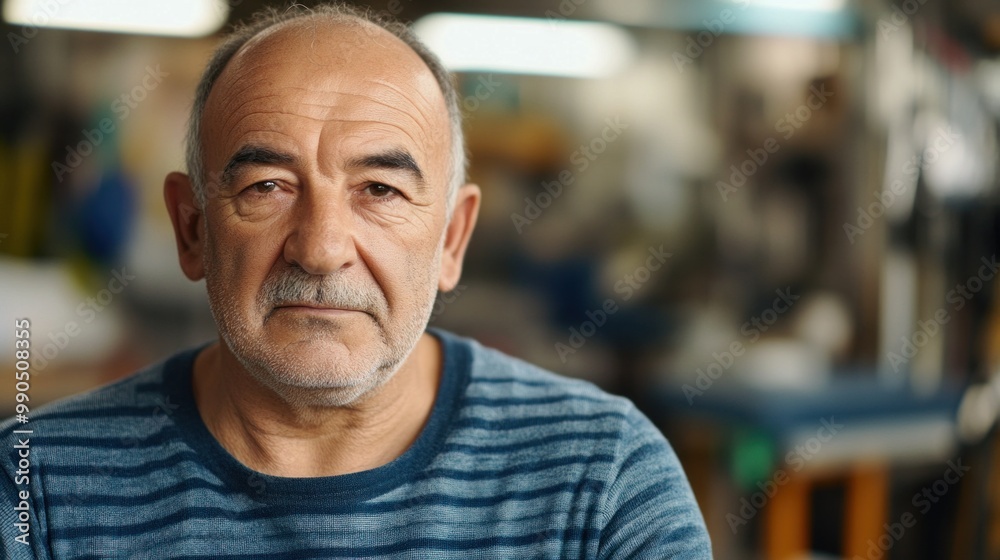 An older man with gray hair and a striped shirt gazes thoughtfully at the camera while surrounded by a busy workshop. Tools and materials are visible in the background, indicating craftsmanship An older man with gray hair and a striped shirt gazes thoughtfully at the camera while surrounded by a busy workshop. Tools and materials are visible in the background, indicating craftsmanship