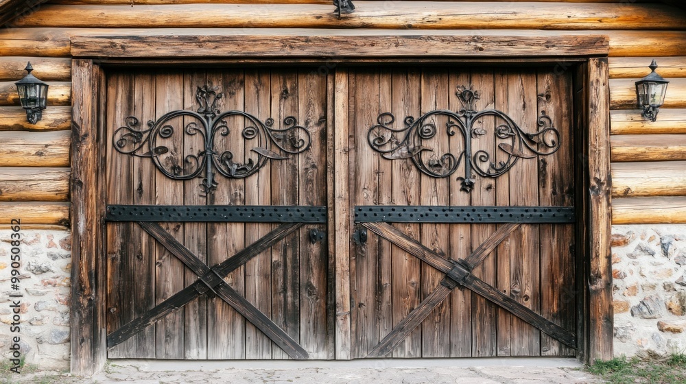 The beautiful rustic wooden double doors showcase intricate ironwork, standing at the entrance of a lodge amid a natural setting, inviting visitors to enter The beautiful rustic wooden double doors showcase intricate ironwork, standing at the entrance of a lodge amid a natural setting, inviting visitors to enter