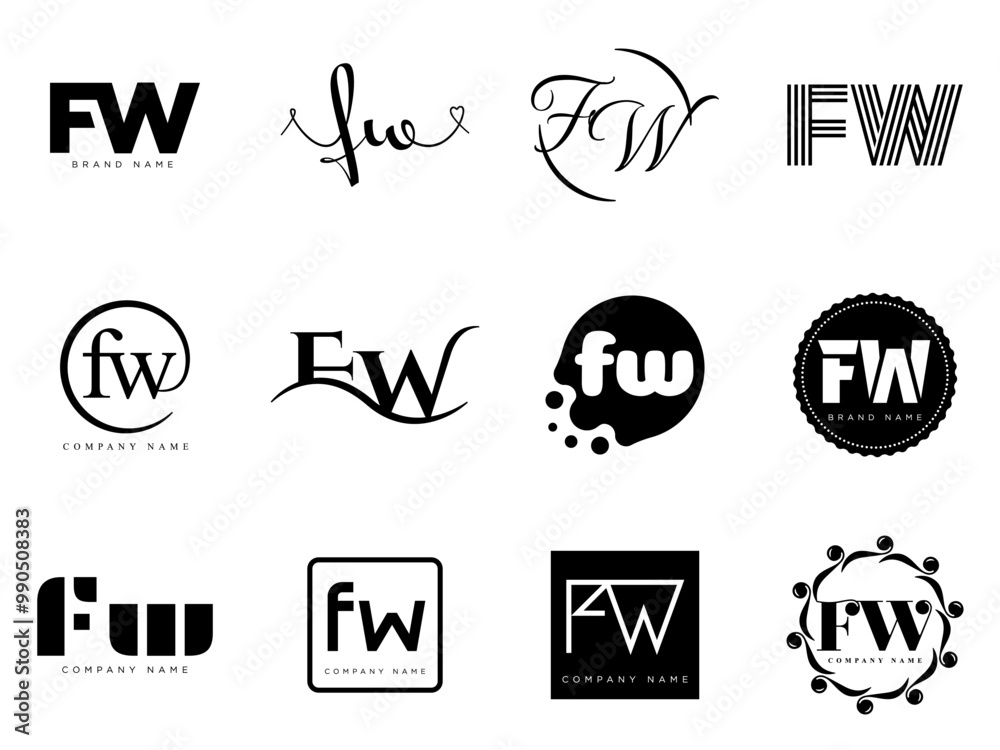 FW logo company template. Letter f and w logotype. Set different classic serif lettering and modern bold text with design elements. Initial font typography. FW logo company template. Letter f and w logotype. Set different classic serif lettering and modern bold text with design elements. Initial font typography.