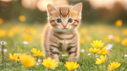 A playful striped kitten wanders through a vibrant field filled with cheerful yellow flowers, enjoying a sunny spring day surrounded by nature