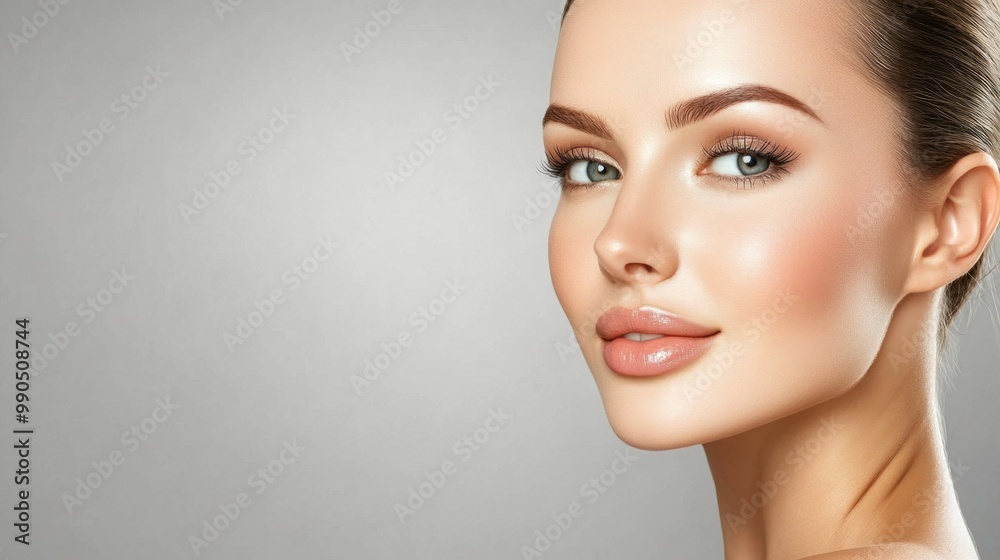 Fototapeta premium A woman stands confidently with a soft smile, her flawless skin illuminated by studio lighting