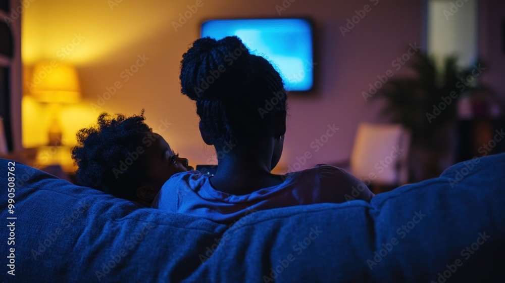 A mother and her young child sit closely together on a sofa, enjoying a comforting evening while watching a show on the television in their softly illuminated living room A mother and her young child sit closely together on a sofa, enjoying a comforting evening while watching a show on the television in their softly illuminated living room