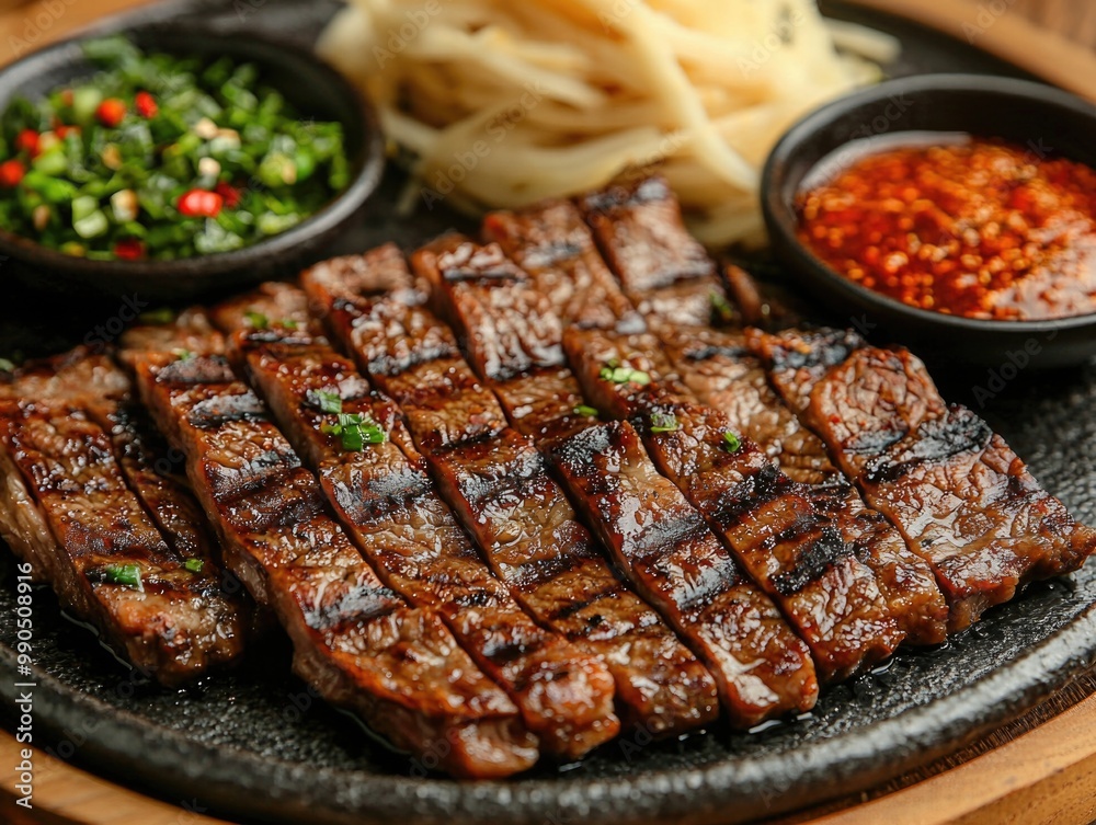 Grilled steak served with fresh sides and sauces Grilled steak served with fresh sides and sauces