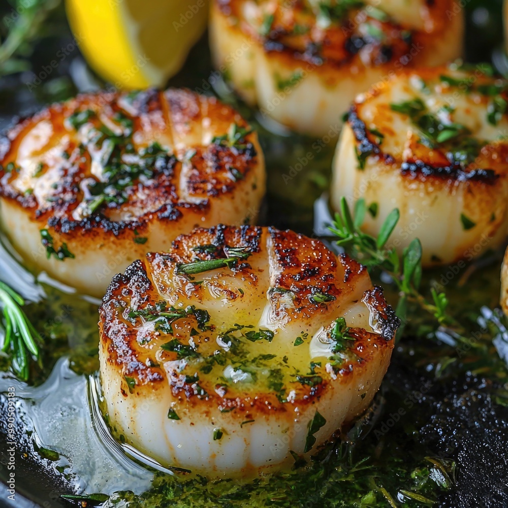 Sizzling seared scallops with herbs and lemon garnish Sizzling seared scallops with herbs and lemon garnish