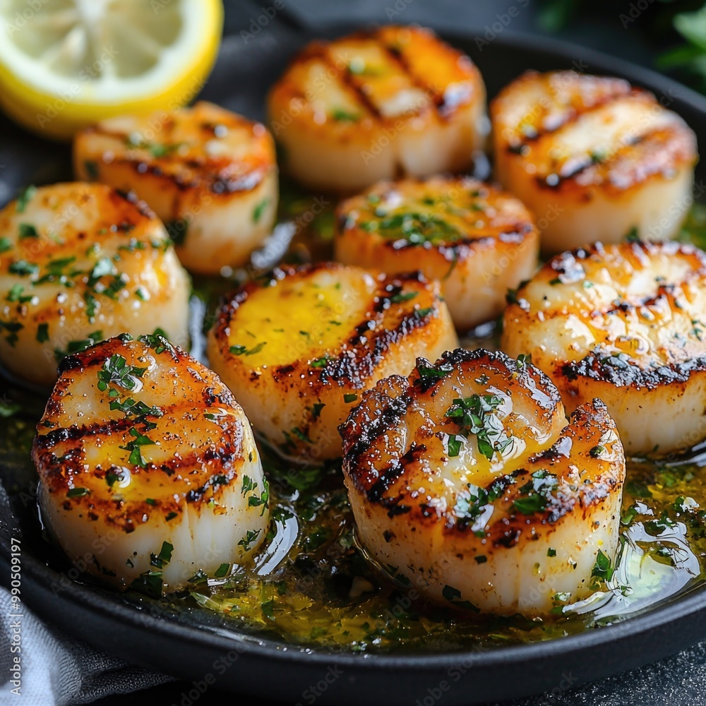 Grilled scallops garnished with herbs and lemon slices Grilled scallops garnished with herbs and lemon slices