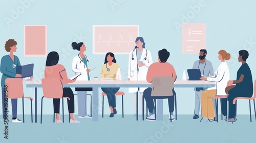 A group of healthcare professionals discussing in a meeting setting.