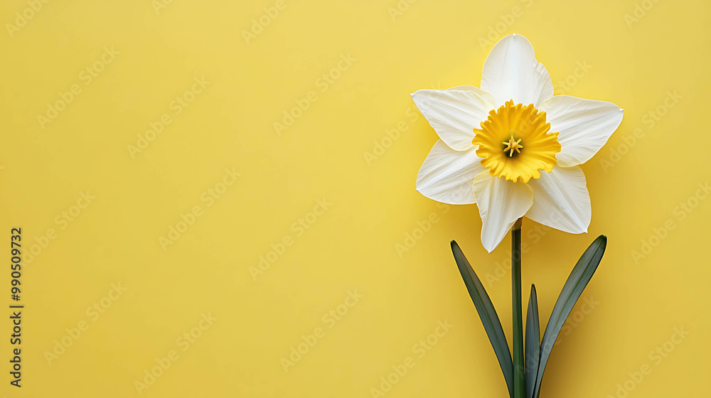 Obraz premium Single daffodil with white petals and yellow center against yellow background.