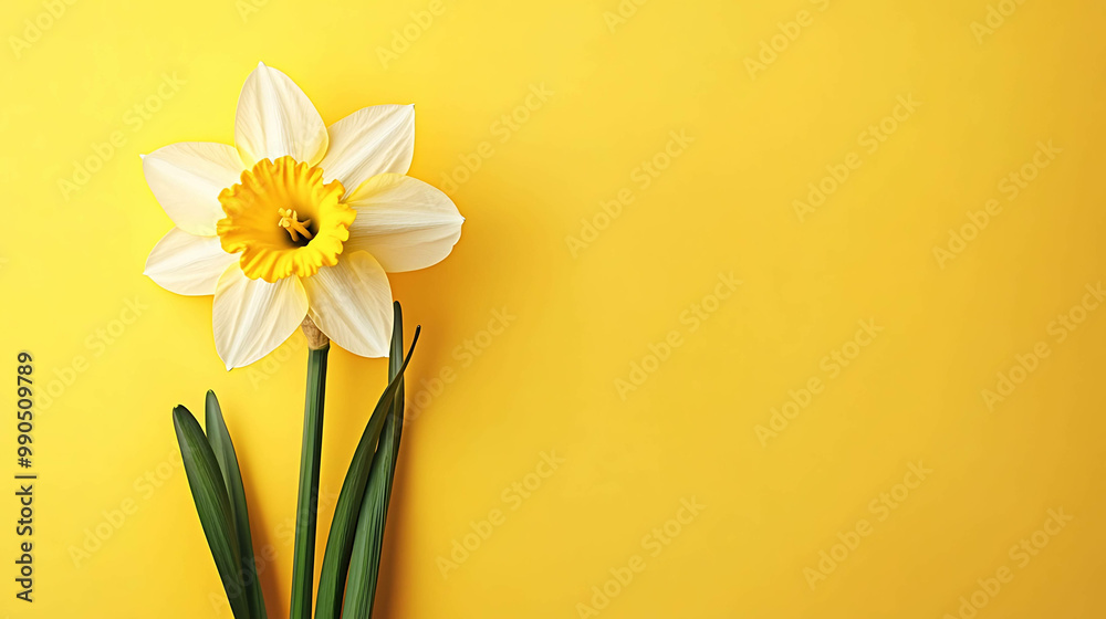 Obraz premium A single daffodil flower with white petals and a yellow center on a bright yellow background.