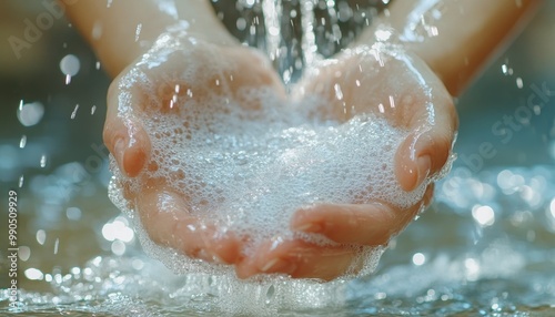 A close-up of hands cupping water, creating bubbles as water flows gently, symbolizing purity and connection to nature.