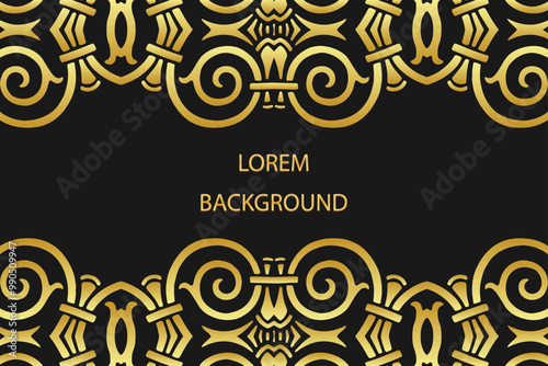 Ethnic black lorem background, tribal cover design, banner. Geometric gold 3d pattern with swirls, place for text. Ornaments, arabesques, mandala of the East, Asia, India, Mexico, Aztec, Peru.