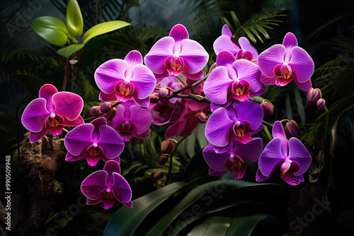 lush image of exotic orchids flourishing in a tropical rainforest, highlighting the unique shapes and vivid colors. Generative AI