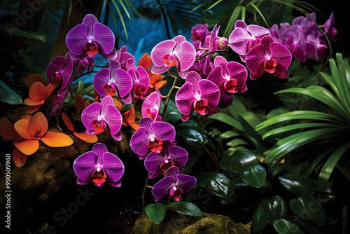 lush image of exotic orchids flourishing in a tropical rainforest, highlighting the unique shapes and vivid colors. Generative AI