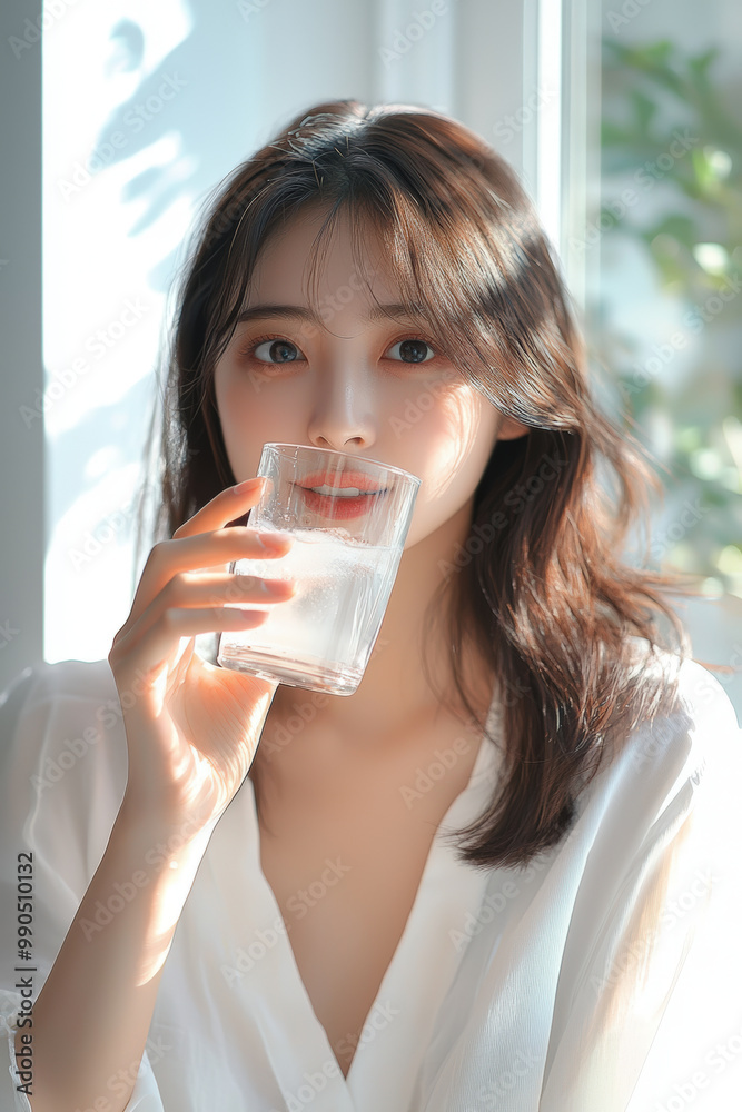 young woman with bright smile enjoys glass of water in sunlit room, radiating freshness and tranquility. soft light enhances her natural beauty and serene atmosphere young woman with bright smile enjoys glass of water in sunlit room, radiating freshness and tranquility. soft light enhances her natural beauty and serene atmosphere