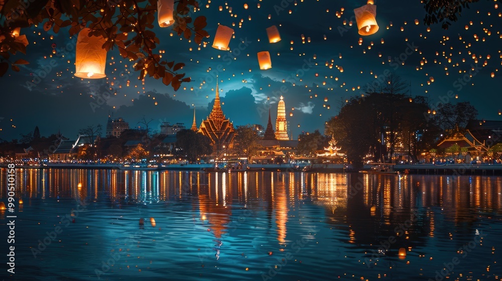A magical night scene with glowing lanterns floating over a river and city skyline. A magical night scene with glowing lanterns floating over a river and city skyline.