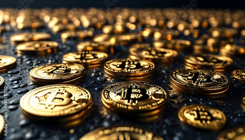 ultra realistic wallpaper featuring numerous golden bitcoin coins against a sleek black background