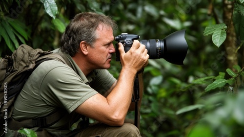 A dedicated wildlife photographer crouches among vibrant greenery, focusing intently through his camera lens to capture the beauty of nature in a tropical rainforest