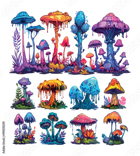 Alien mushrooms flowers cartoon vector set. Fantastic plants leaves stems spores trees dripping mucus unusual another world flora illustrations isolated on white background