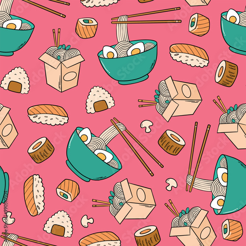 asian food doodles seamless pattern with suchi, ramen and noodle bowls for wallpaper, scrapbooking, backgrounds, textile print, packaging, etc. EPS 10