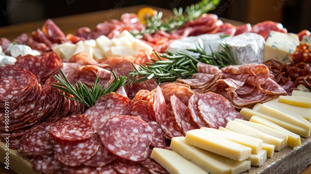 Close-up of a charcuterie board with sliced salami, cheese, and rosemary sprigs. Close-up of a charcuterie board with sliced salami, cheese, and rosemary sprigs.